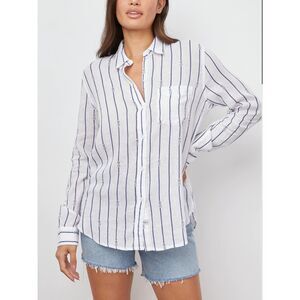 Rails Womens Charlie Pineapple Blue Striped Linen Blend Long Sleeve Shirt Large‎